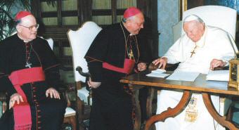photo of Bishop Wirz and Bishop Morlino meeting with Pope John Paul II