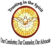 image of a dove in an oval with text: Trusting in the Spirit: Our Comforter, Our Counselor, Our Advocate